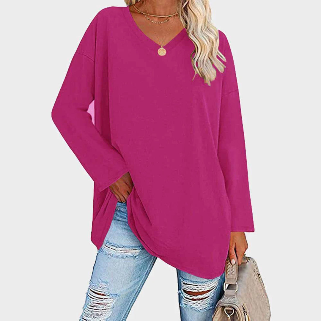 Women's Long-Sleeve Sweater - Loose Fit V-Neck - Soft Knit Casual Tunic