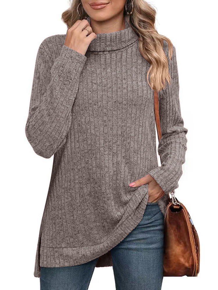 Women’s Turtleneck Sweater – Ribbed Knit – Relaxed Fit – Long Sleeve – Asymmetrical Hem