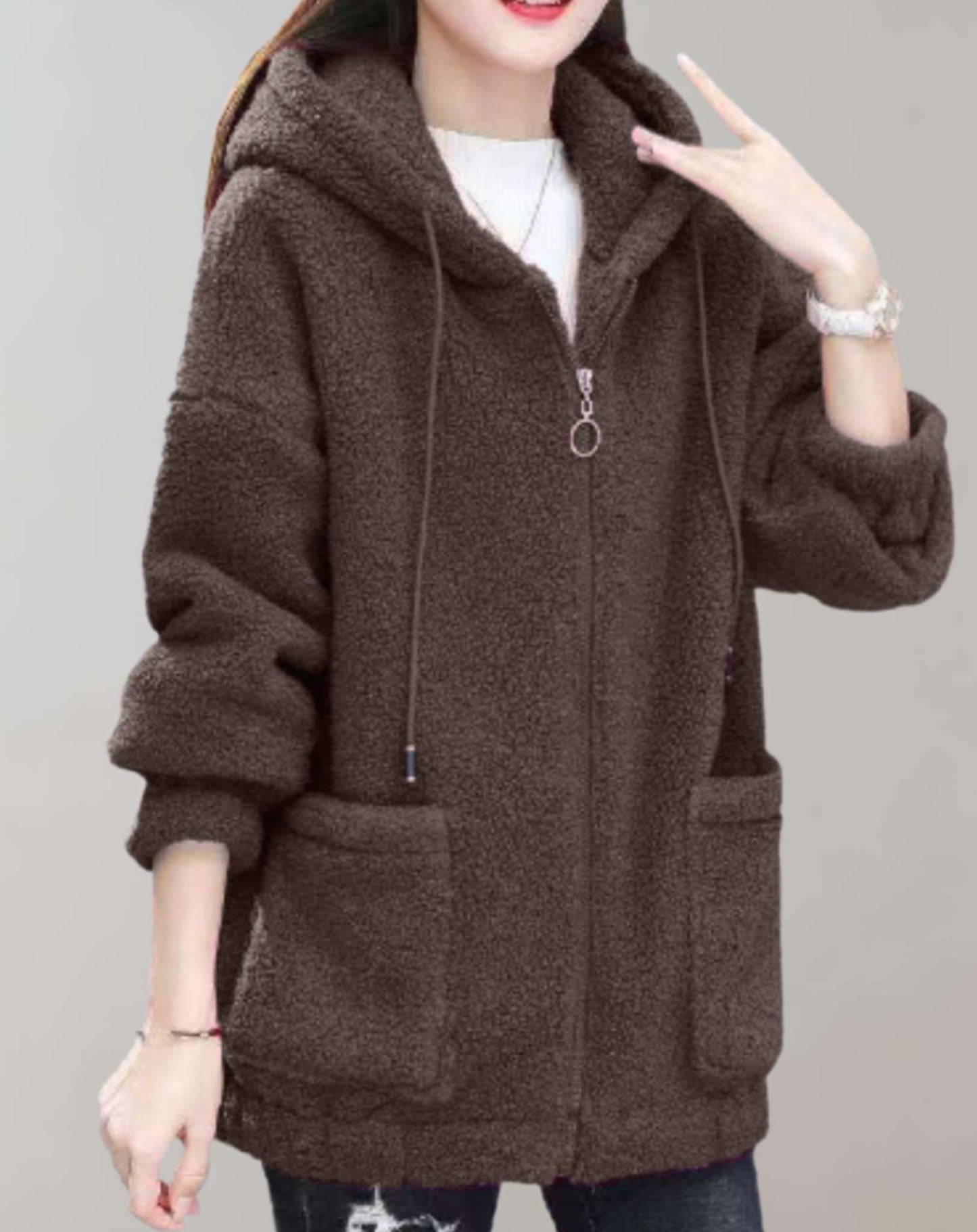 Women’s Sherpa Fleece Hoodie – Zip Front – Relaxed Fit – Soft Plush Warm Casual Wear