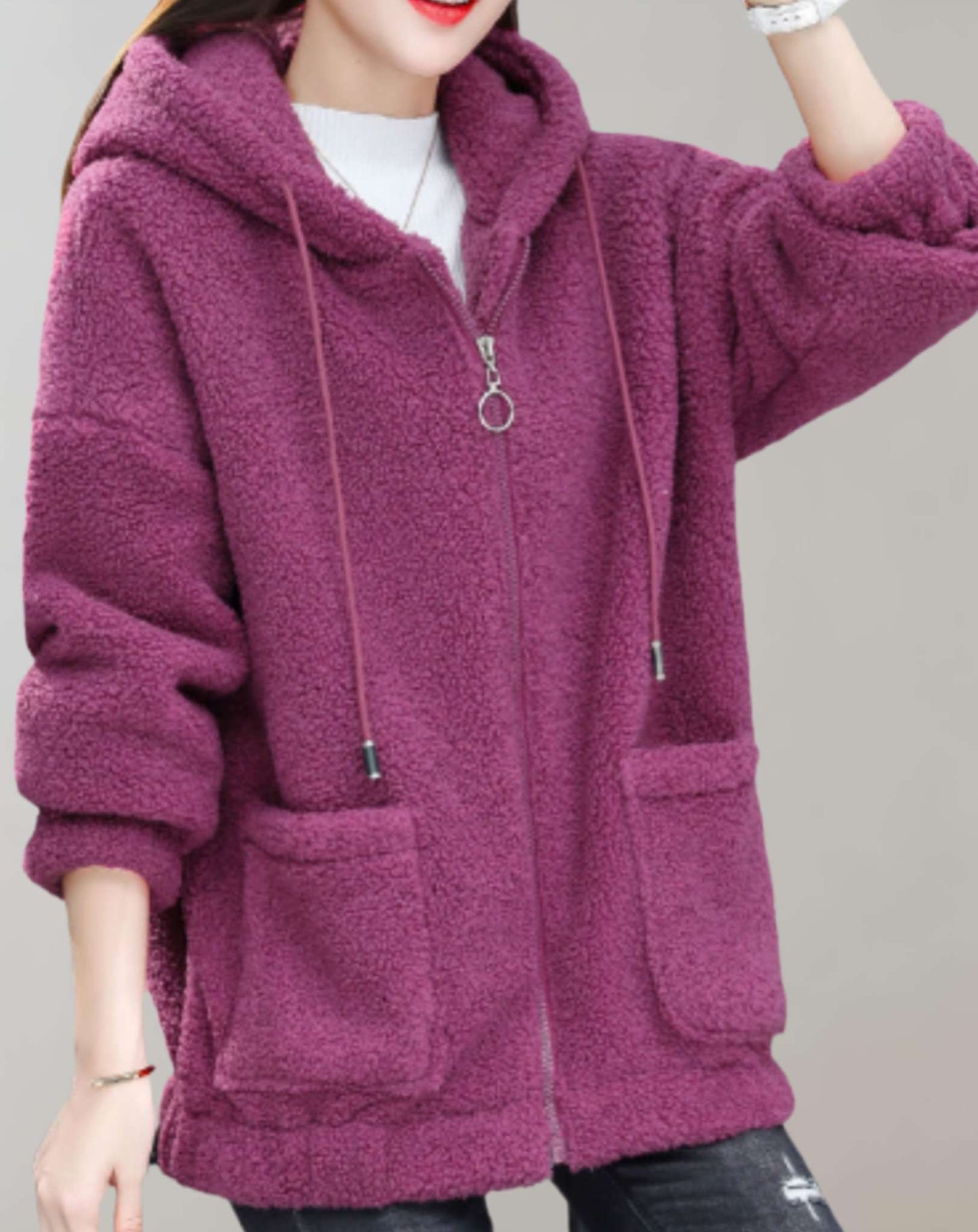 Women’s Sherpa Fleece Hoodie – Zip Front – Relaxed Fit – Soft Plush Warm Casual Wear