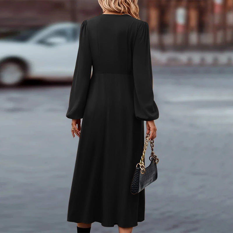 Women's Midi Dress - A-Line Silhouette - V-Neck - Long Puff Sleeves - Button Front