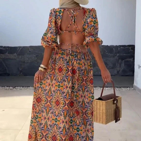 Women's Maxi Dress - Puff Sleeve - Cut-Out Side Detail - Flowy Printed Design