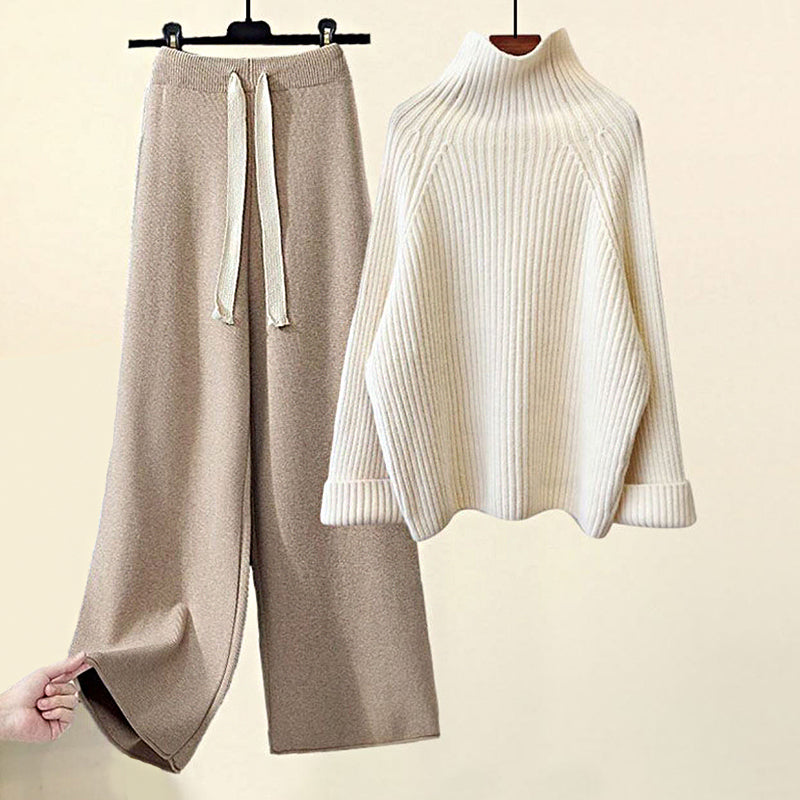 Women's high-neck knit sweater and wide-leg pants set
