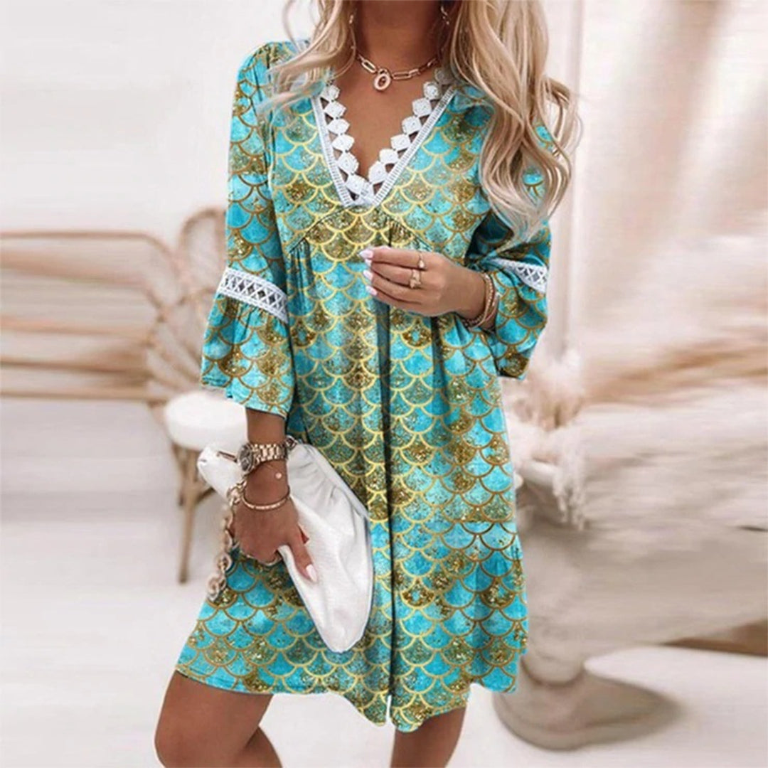 Women’s Boho Dress – Relaxed Fit – V-Neck Lace Trim – Natural Fibers – 3/4 Sleeve
