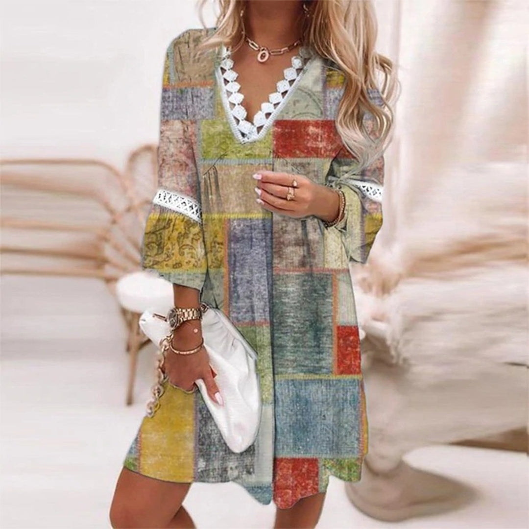 Women’s Boho Dress – Relaxed Fit – V-Neck Lace Trim – Natural Fibers – 3/4 Sleeve