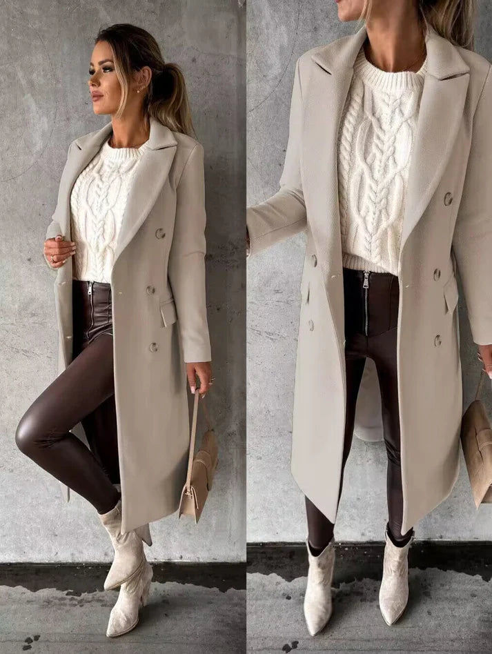 Women's long-sleeve double-breasted wool coat