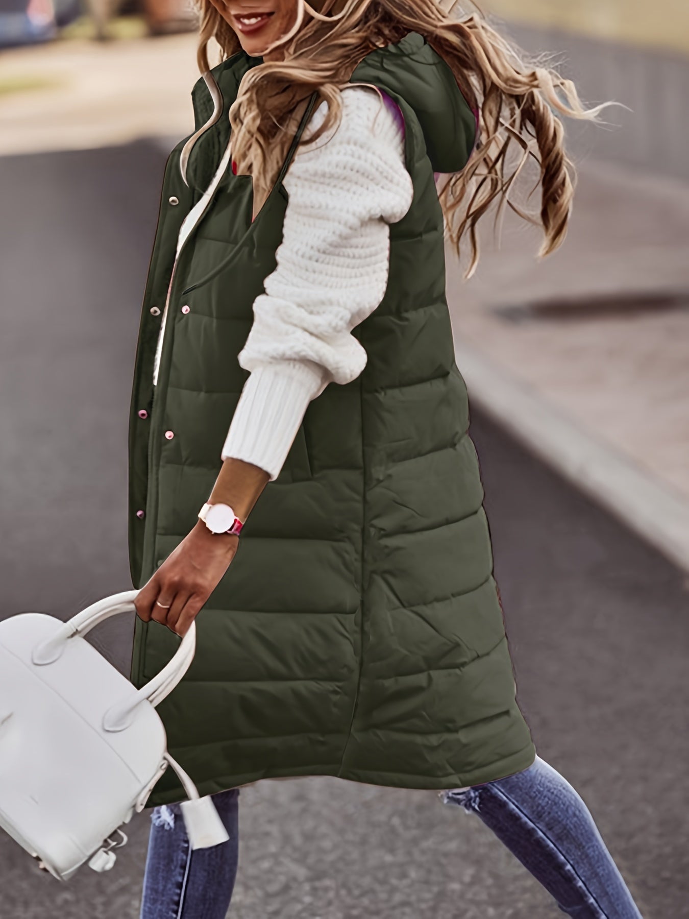 Women's solid color hooded single-breasted mid-length slim cardigan jacket