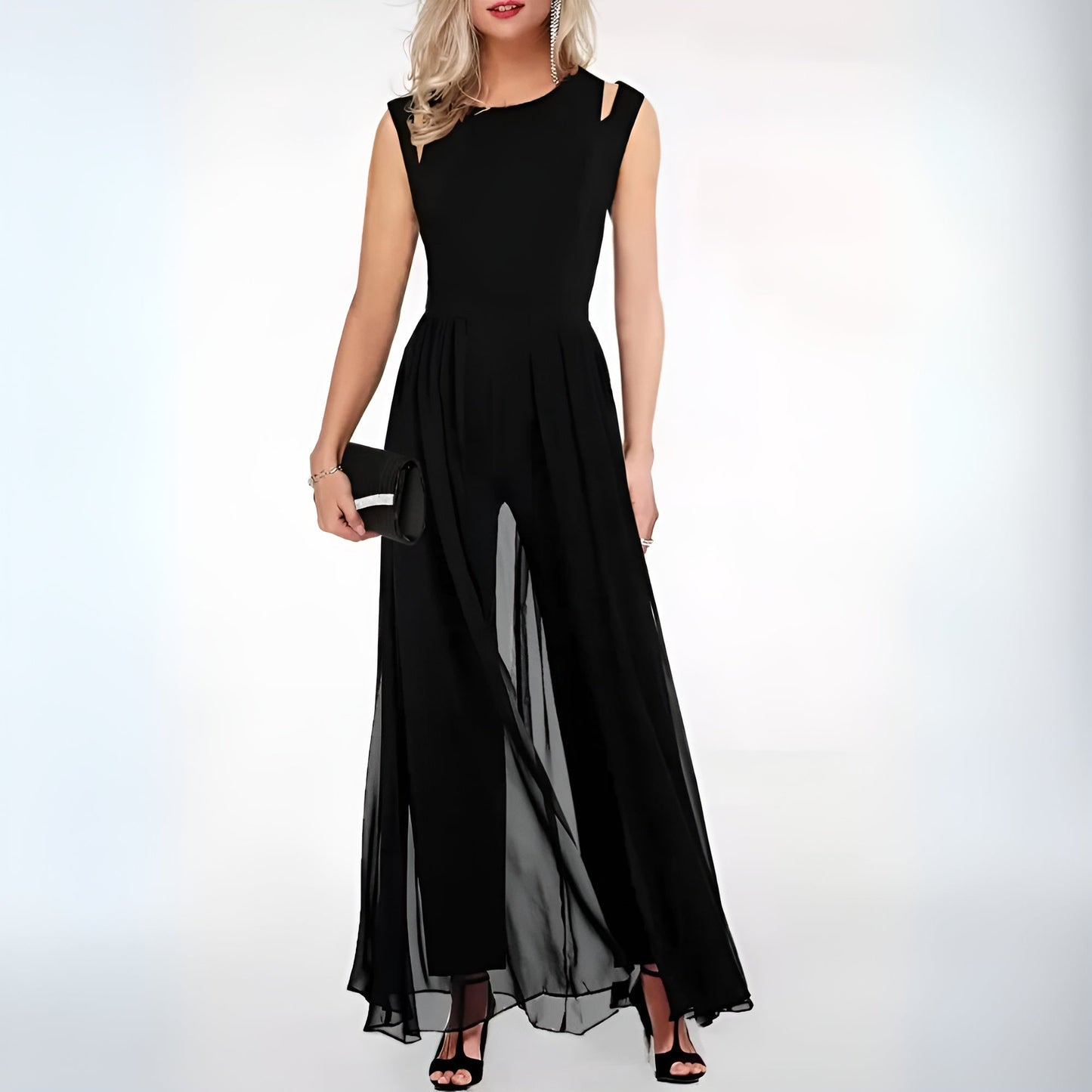 Women's Evening Gown - Sleeveless Cut-Out Shoulder - Floor-Length Flowing Design
