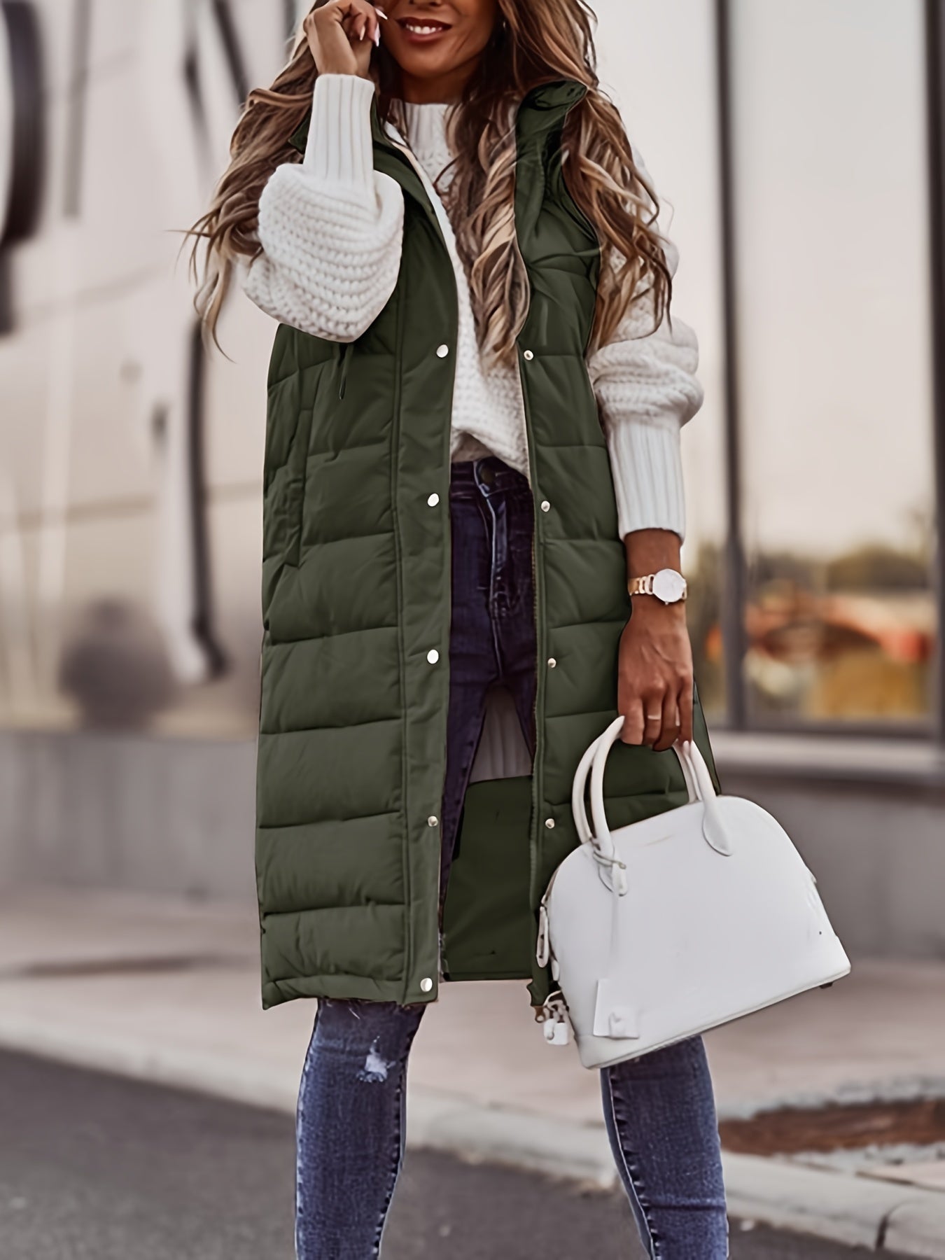 Women's solid color hooded single-breasted mid-length slim cardigan jacket