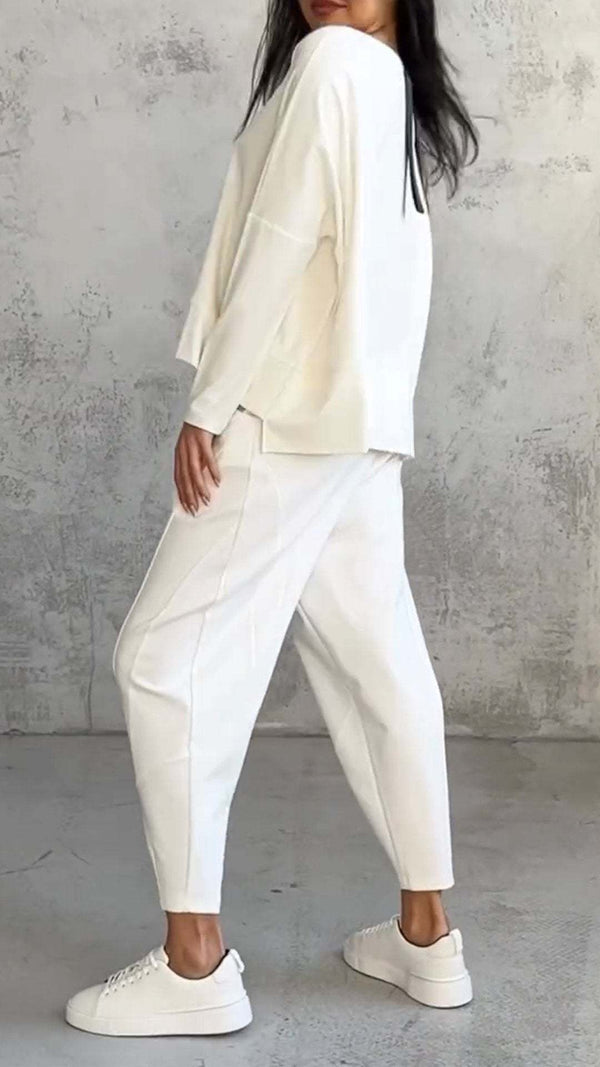 Women's Two-Piece Lounge Set - Loose Fit Long-Sleeve Top & Tapered Pants - Casual Wear