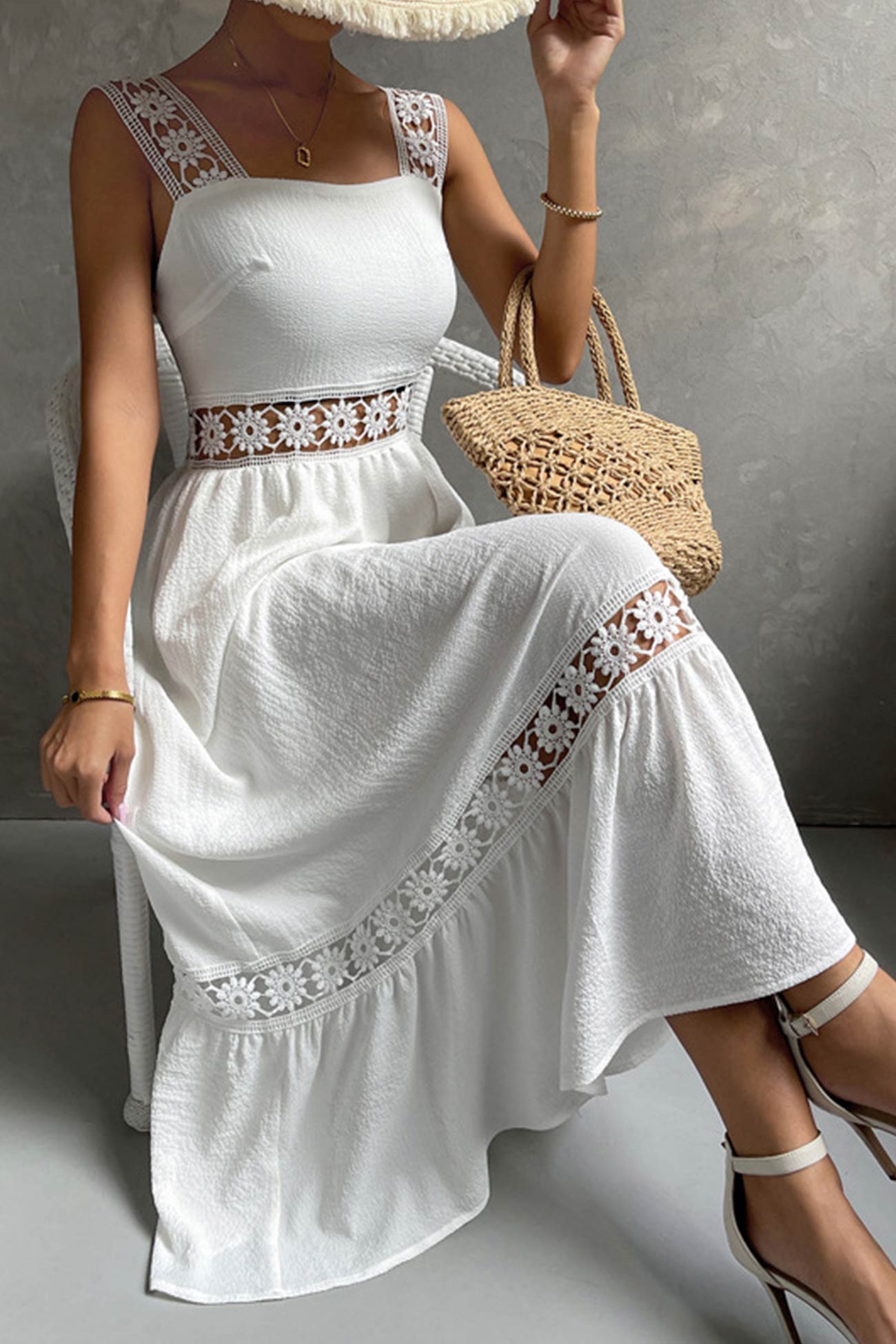 Women's Midi Dress - Sleeveless Lace Detail - Fitted Bodice - Flowy Tiered Skirt