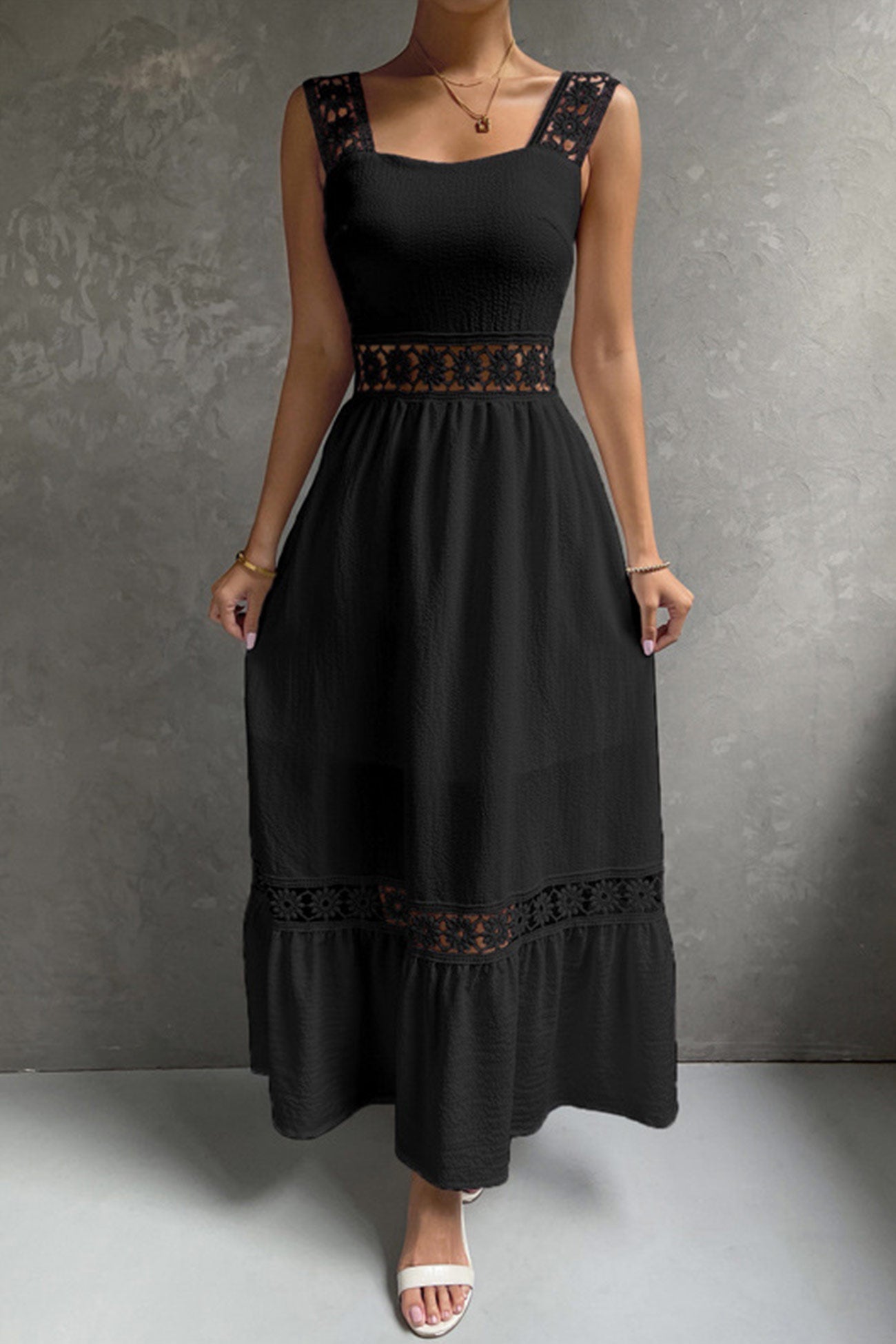 Women's Midi Dress - Sleeveless Lace Detail - Fitted Bodice - Flowy Tiered Skirt