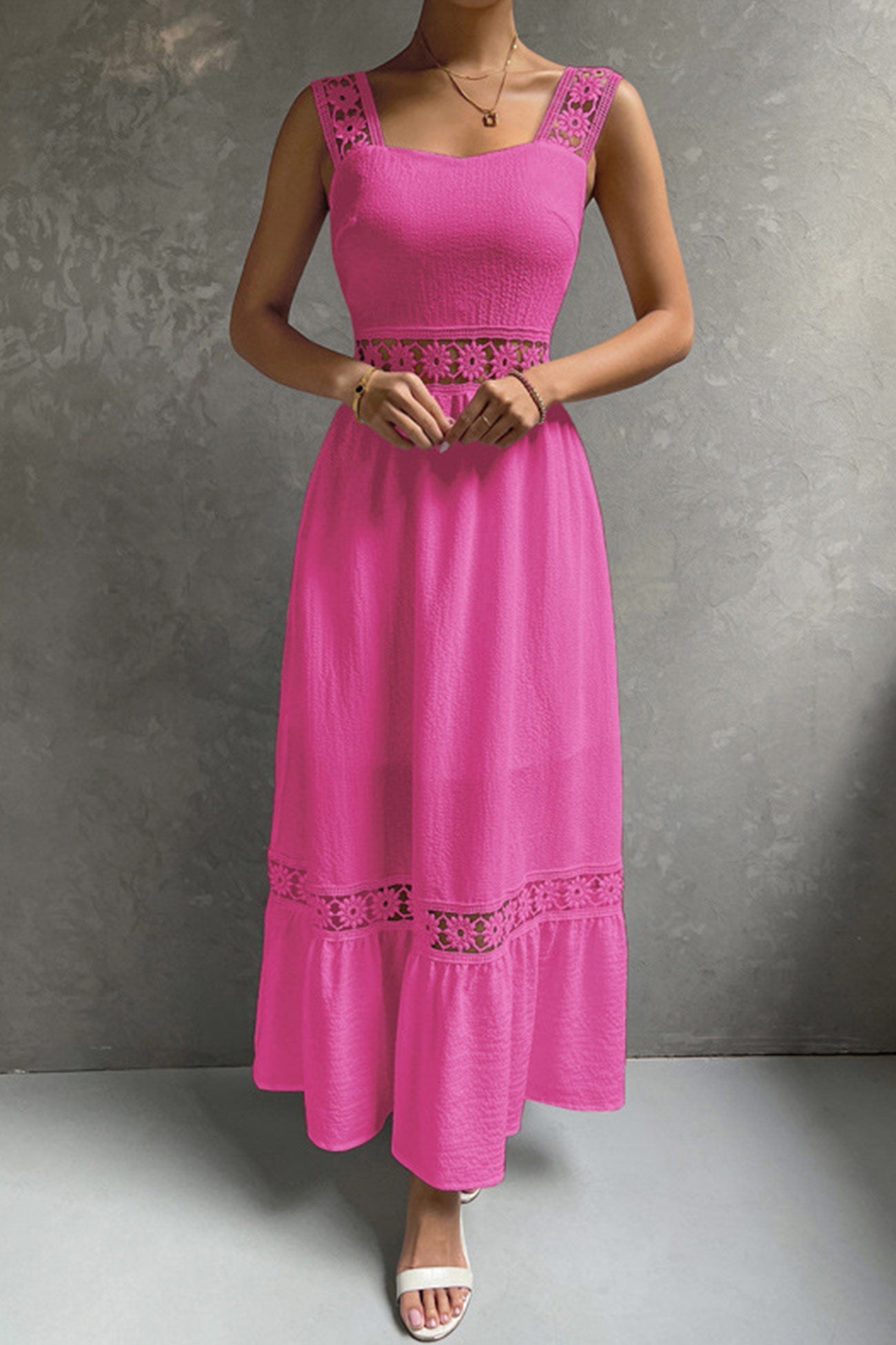 Women's Midi Dress - Sleeveless Lace Detail - Fitted Bodice - Flowy Tiered Skirt