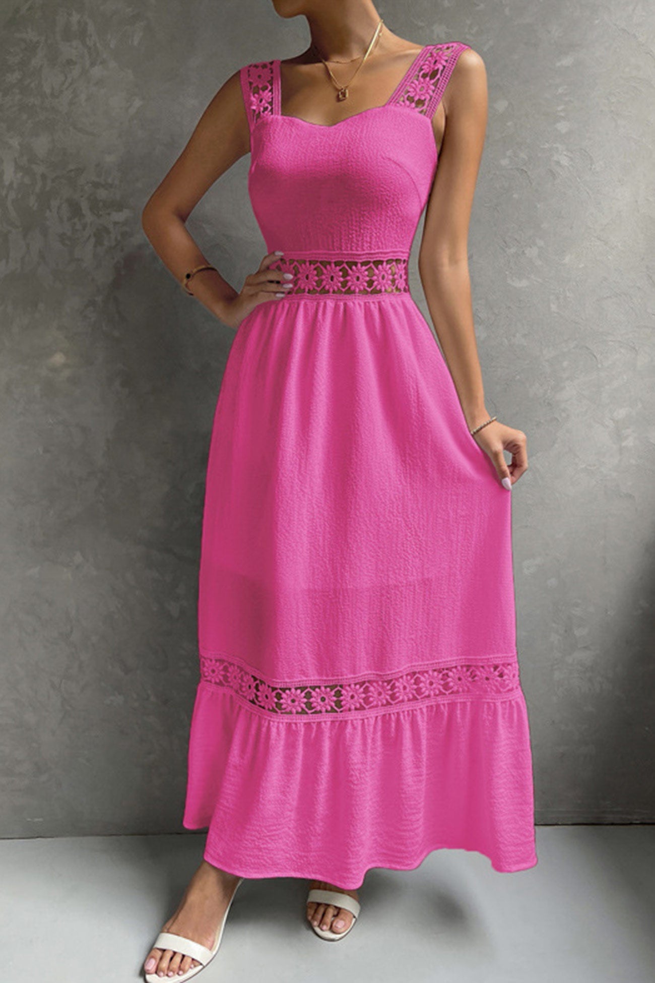 Women's Midi Dress - Sleeveless Lace Detail - Fitted Bodice - Flowy Tiered Skirt