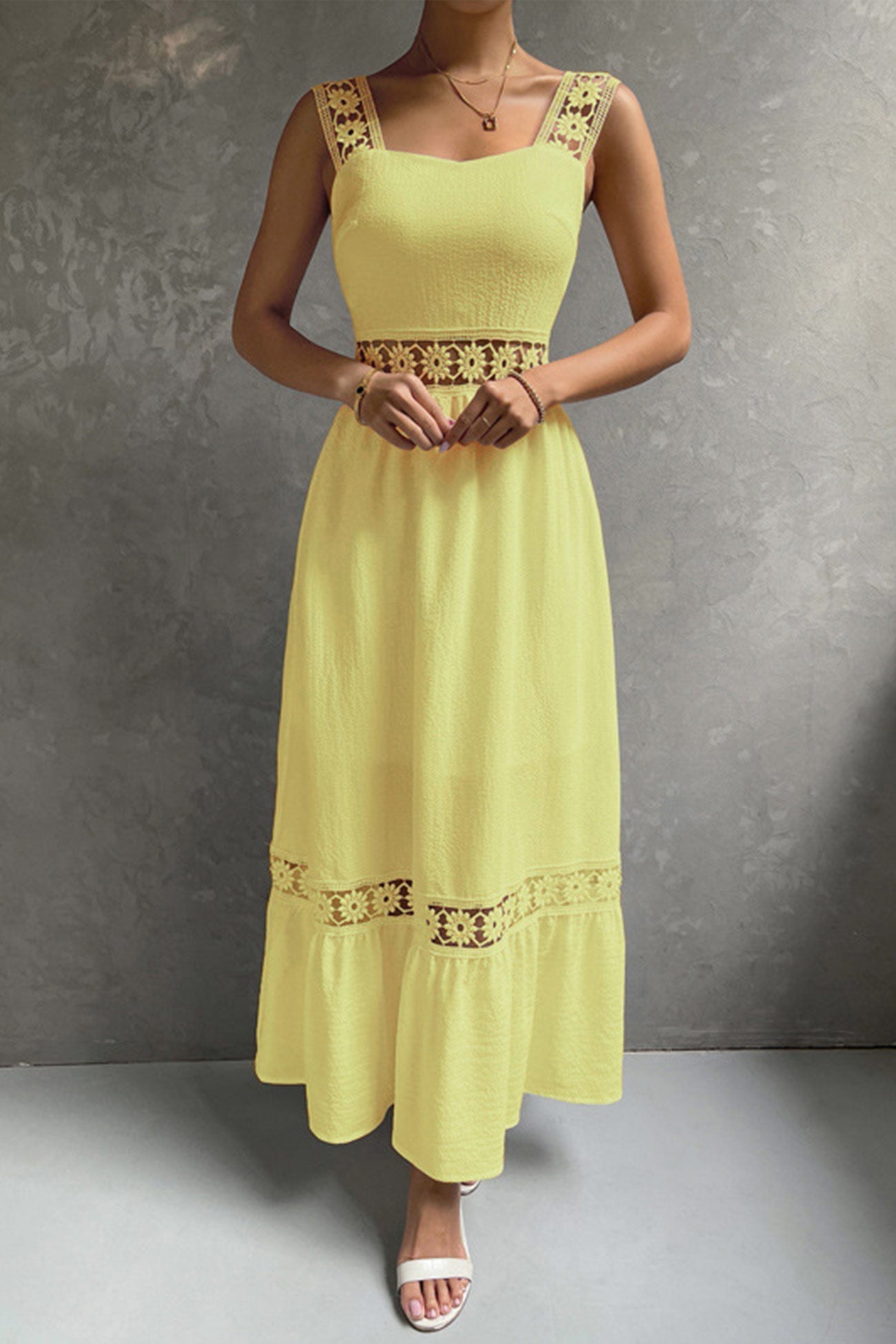 Women's Midi Dress - Sleeveless Lace Detail - Fitted Bodice - Flowy Tiered Skirt