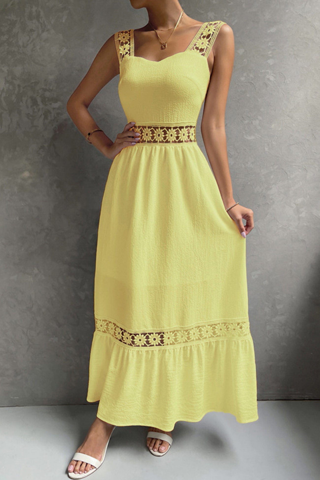 Women's Midi Dress - Sleeveless Lace Detail - Fitted Bodice - Flowy Tiered Skirt