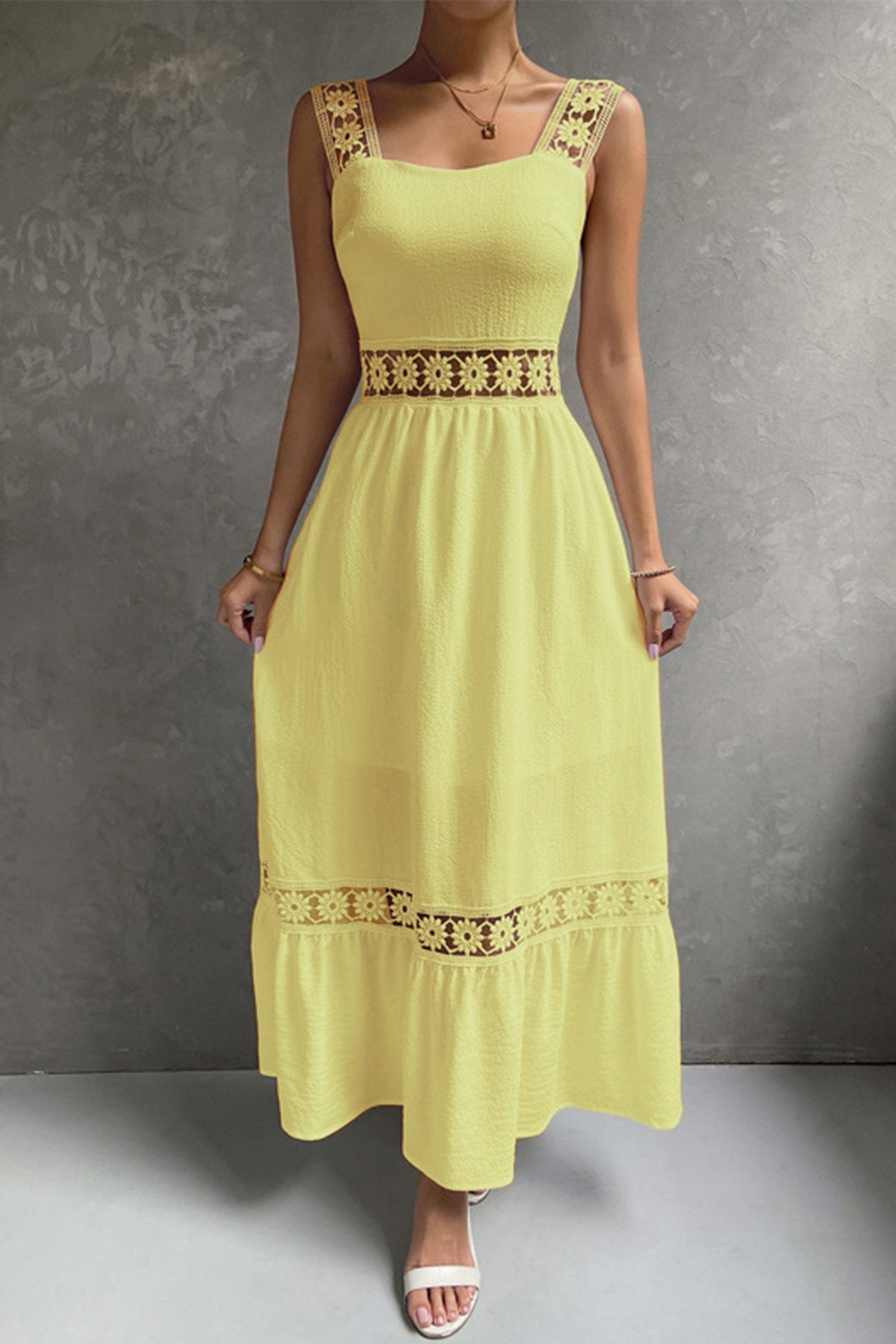 Women's Midi Dress - Sleeveless Lace Detail - Fitted Bodice - Flowy Tiered Skirt