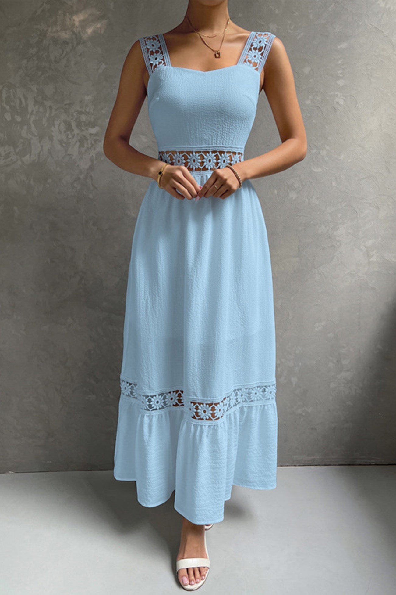 Women's Midi Dress - Sleeveless Lace Detail - Fitted Bodice - Flowy Tiered Skirt
