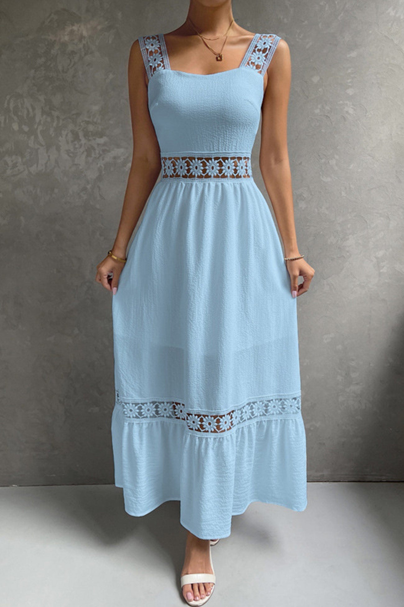 Women's Midi Dress - Sleeveless Lace Detail - Fitted Bodice - Flowy Tiered Skirt