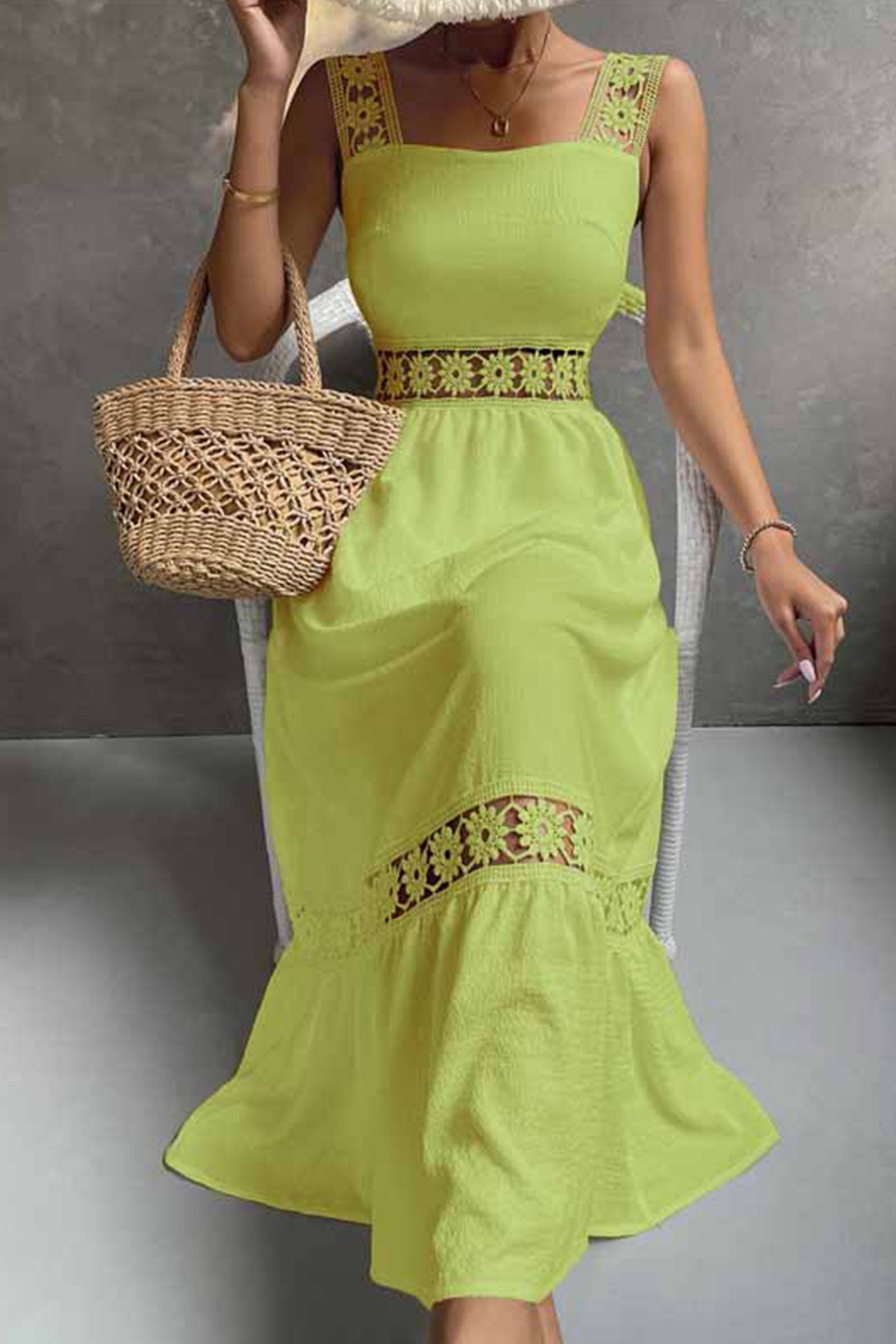 Women's Midi Dress - Sleeveless Lace Detail - Fitted Bodice - Flowy Tiered Skirt