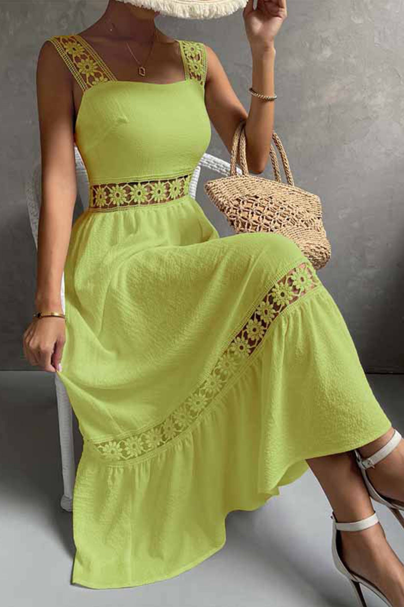 Women's Midi Dress - Sleeveless Lace Detail - Fitted Bodice - Flowy Tiered Skirt