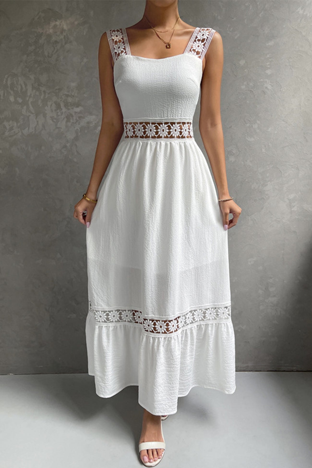 Women's Midi Dress - Sleeveless Lace Detail - Fitted Bodice - Flowy Tiered Skirt