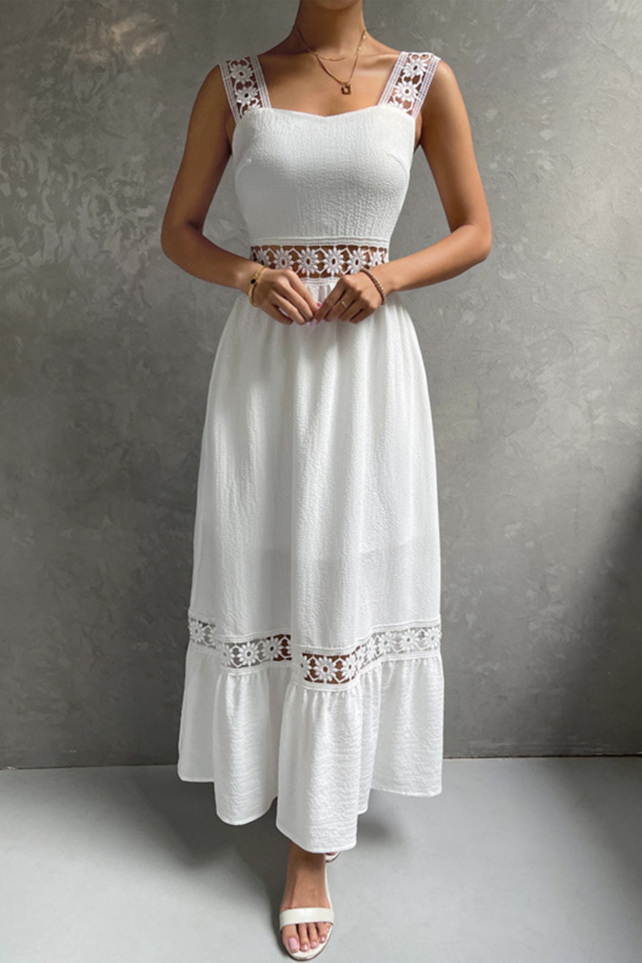 Women's Midi Dress - Sleeveless Lace Detail - Fitted Bodice - Flowy Tiered Skirt