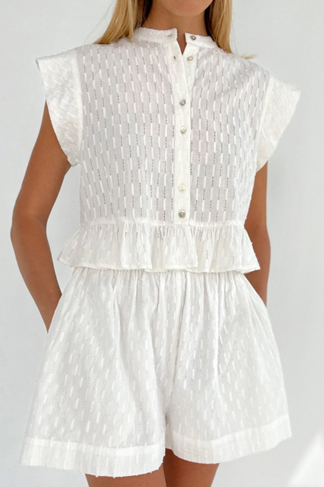 Ines - jacquard ruffle tank top two-piece shorts set