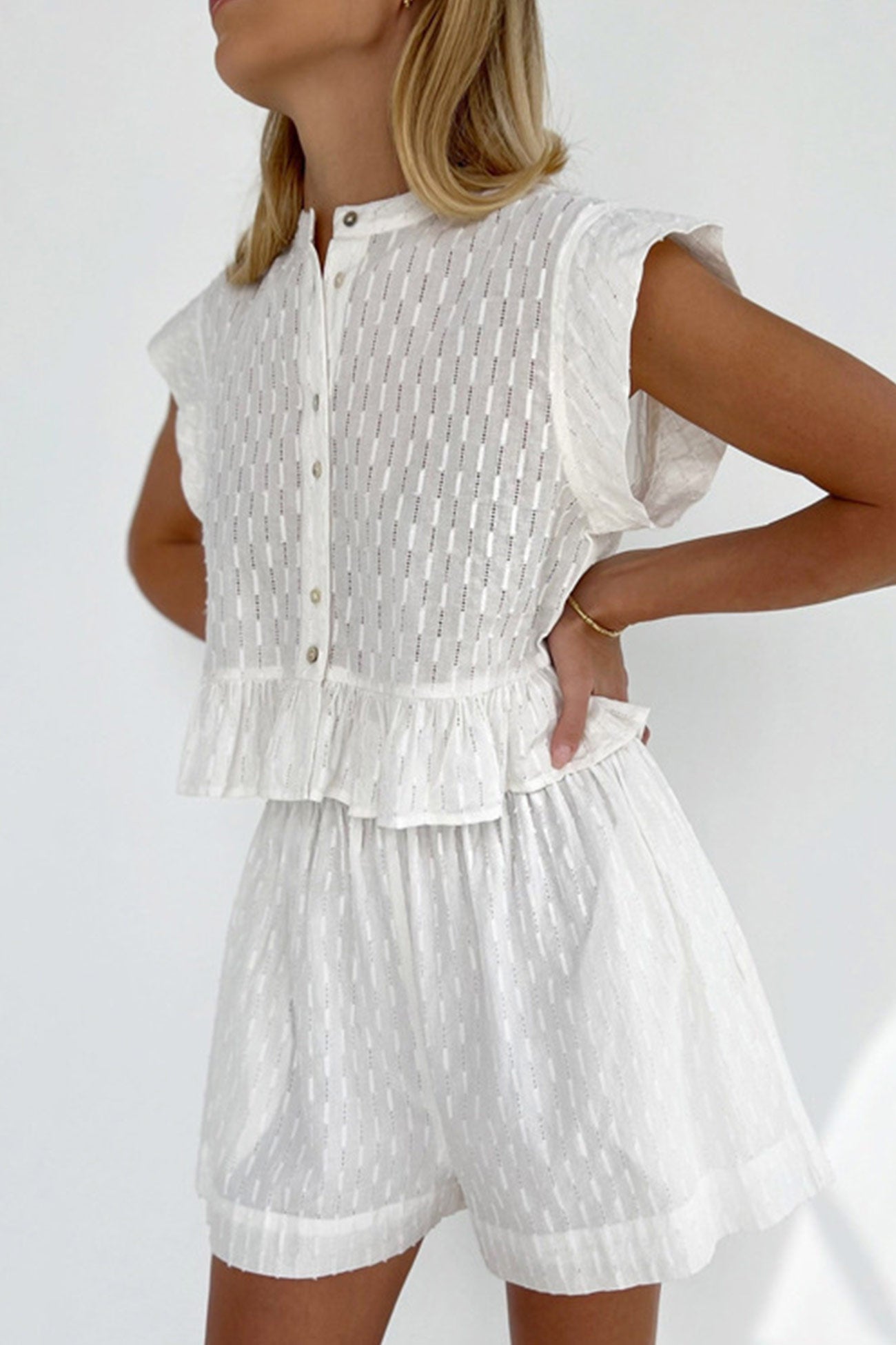 Ines - jacquard ruffle tank top two-piece shorts set