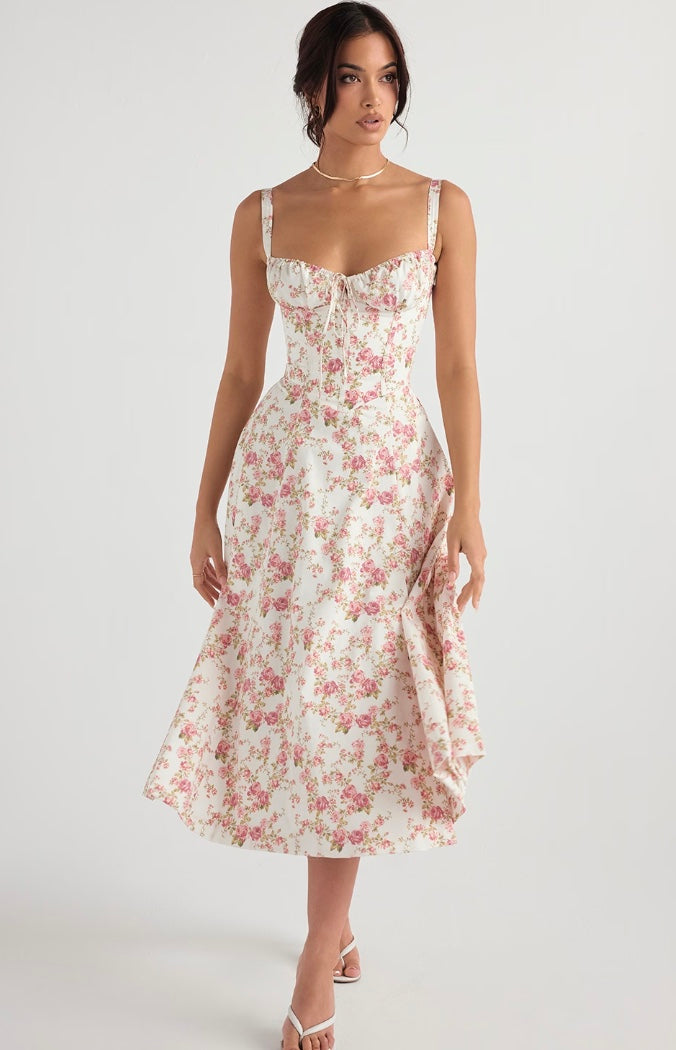 Women's Midi Dress - Bustier Top - A-Line Silhouette - High Slit - Adjustable Straps
