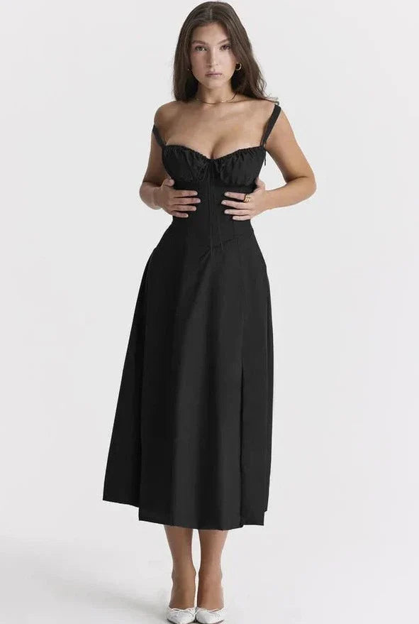 Women's Midi Dress - Bustier Top - A-Line Silhouette - High Slit - Adjustable Straps
