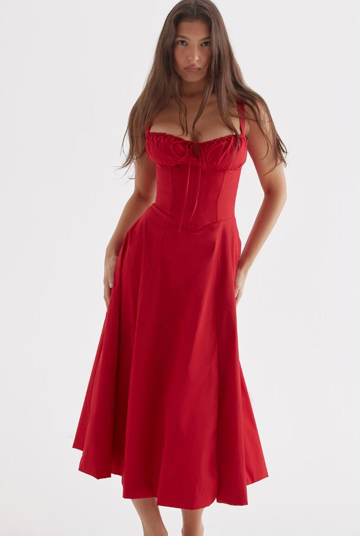 Women's Midi Dress - Bustier Top - A-Line Silhouette - High Slit - Adjustable Straps