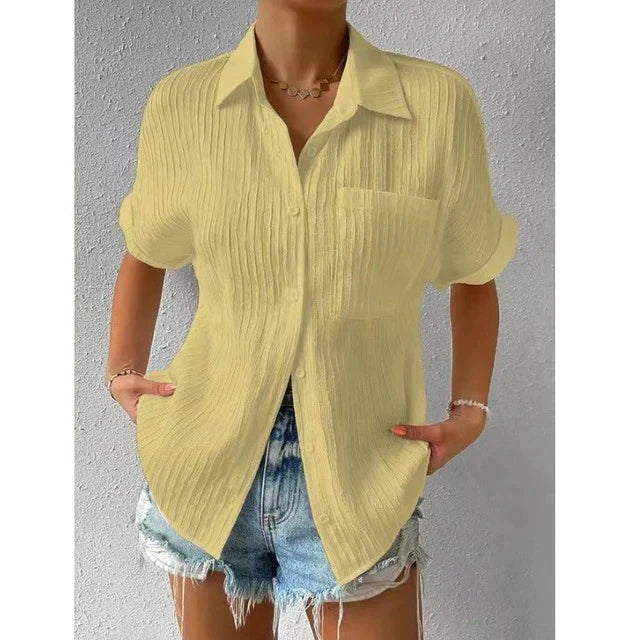 Women's Button-Up Blouse - Textured Crinkled Fabric - Short Sleeve Relaxed Fit