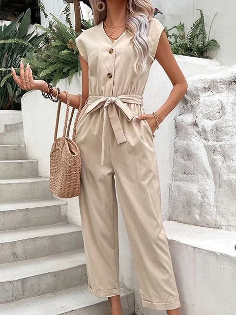Women’s Jumpsuit - Sleeveless V-Neck - Button Front with Waist Tie - Cropped Fit