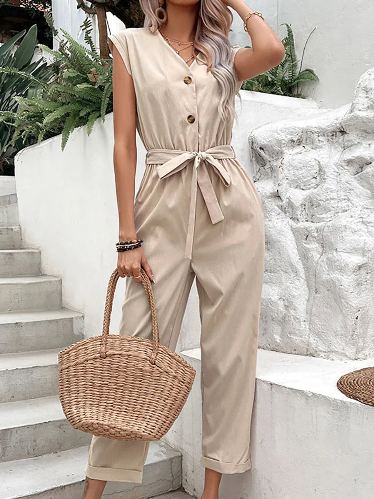 Women’s Jumpsuit - Sleeveless V-Neck - Button Front with Waist Tie - Cropped Fit