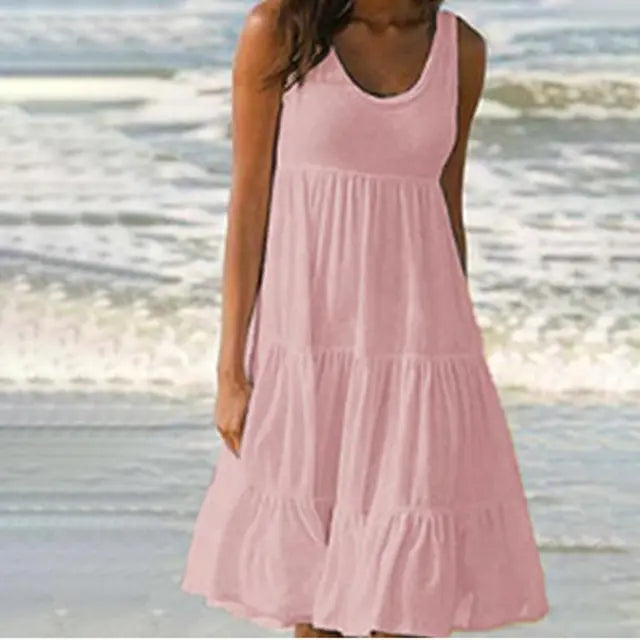 Women's Sleeveless Sundress - Ruffled Tiered Design - Flowy Knee-Length Casual Wear