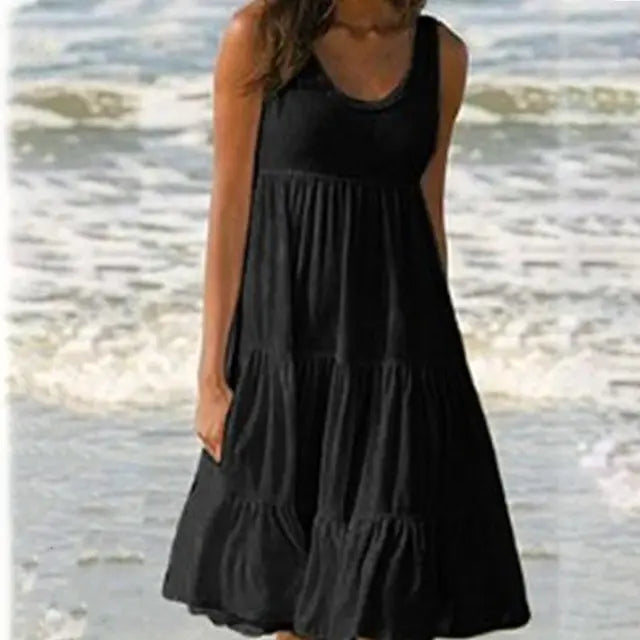 Women's Sleeveless Sundress - Ruffled Tiered Design - Flowy Knee-Length Casual Wear