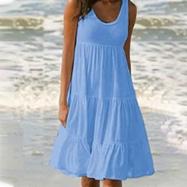 Women's Sleeveless Sundress - Ruffled Tiered Design - Flowy Knee-Length Casual Wear