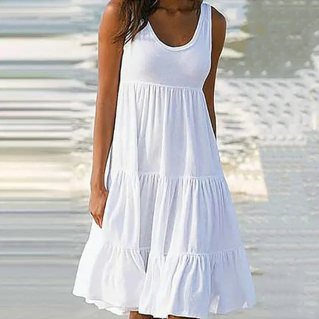 Women's Sleeveless Sundress - Ruffled Tiered Design - Flowy Knee-Length Casual Wear