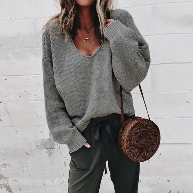 Women’s V-Neck Sweater – Oversized Fit – Long Sleeve – Soft Knit Casual Pullover