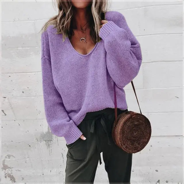 Women's loose v-neck knitted pullover sweater