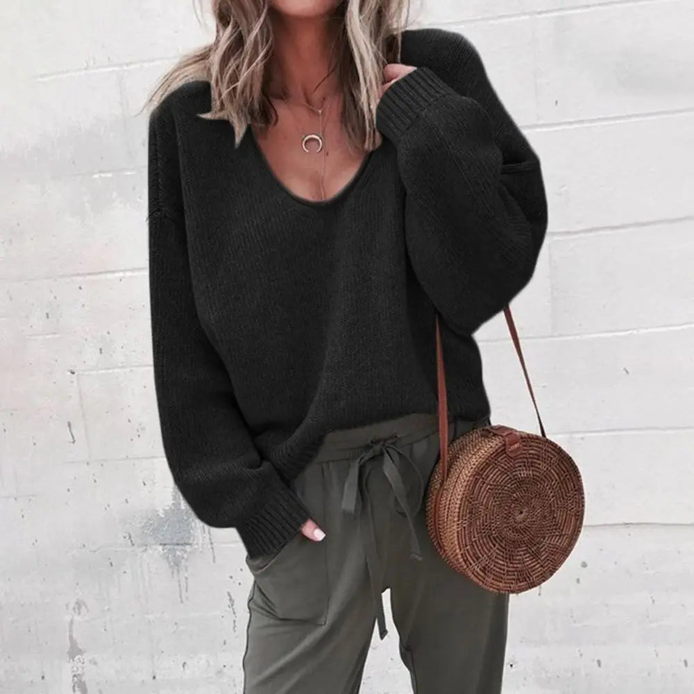 Women's loose v-neck knitted pullover sweater