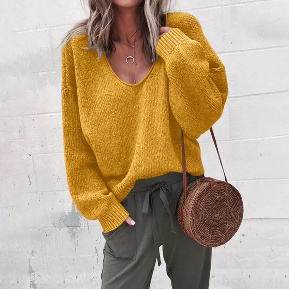 Women's loose v-neck knitted pullover sweater