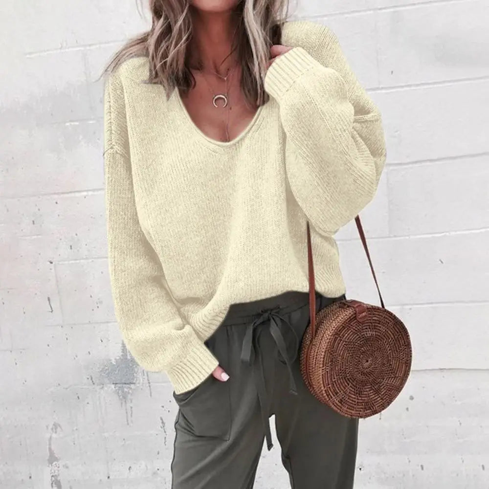 Women's loose v-neck knitted pullover sweater