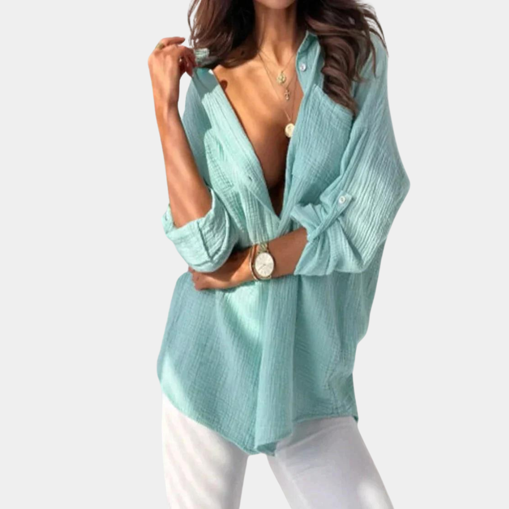 Women's Button-Up Shirt - Crinkled Fabric - Relaxed Fit - Long Sleeve Casual Wear