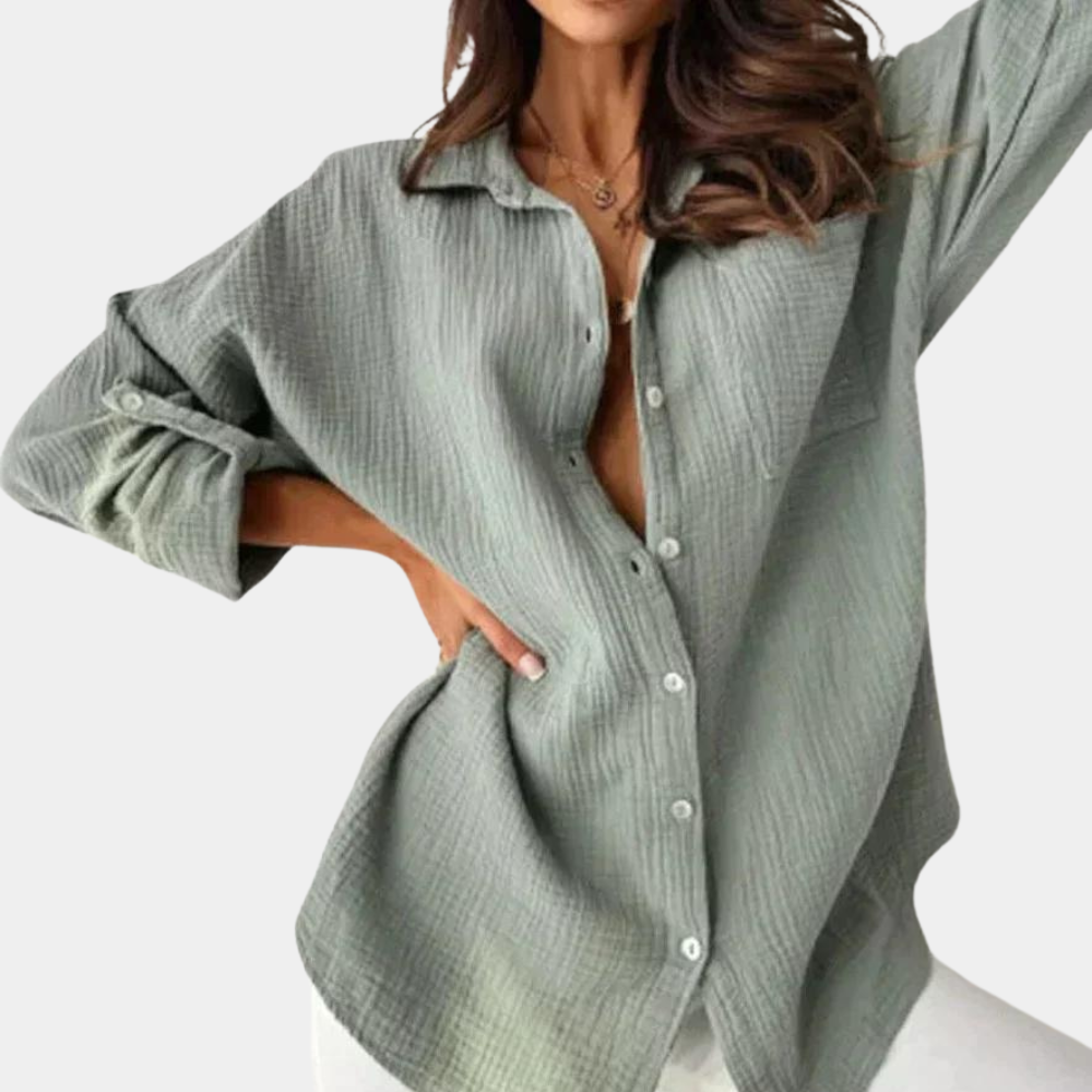 Women's Button-Up Shirt - Crinkled Fabric - Relaxed Fit - Long Sleeve Casual Wear