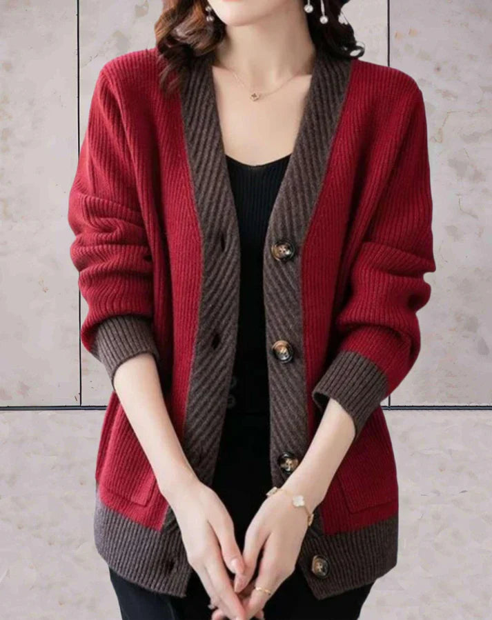 Women's two-tone design trendy v neck cardigan