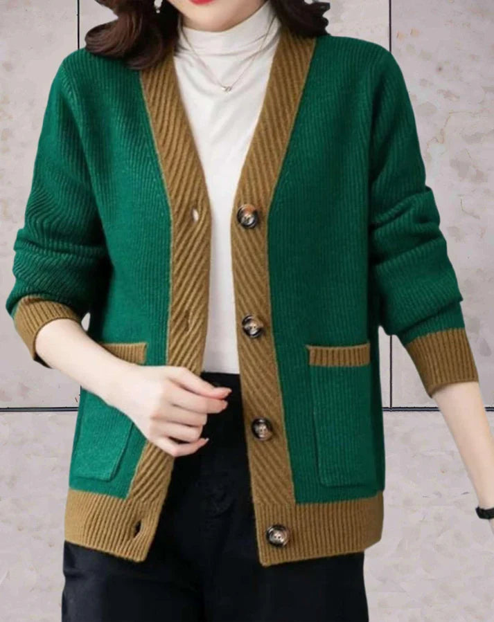 Women's two-tone design trendy v neck cardigan