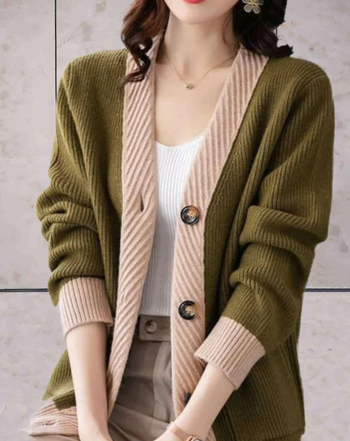 Women's two-tone design trendy v neck cardigan