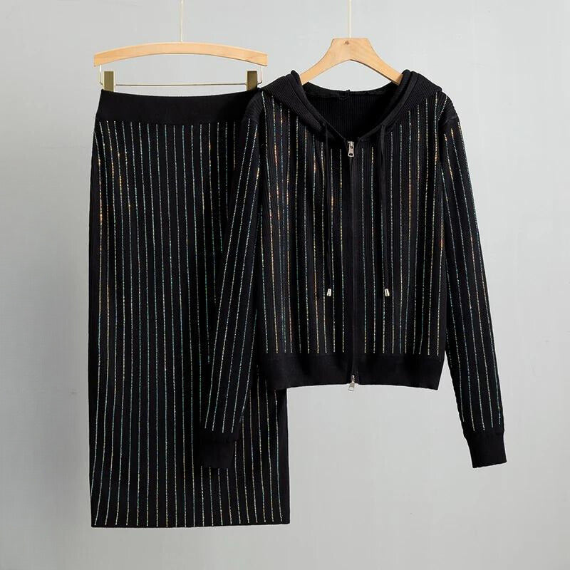 Women's spring autumn diamond sweater cardigan skirt set